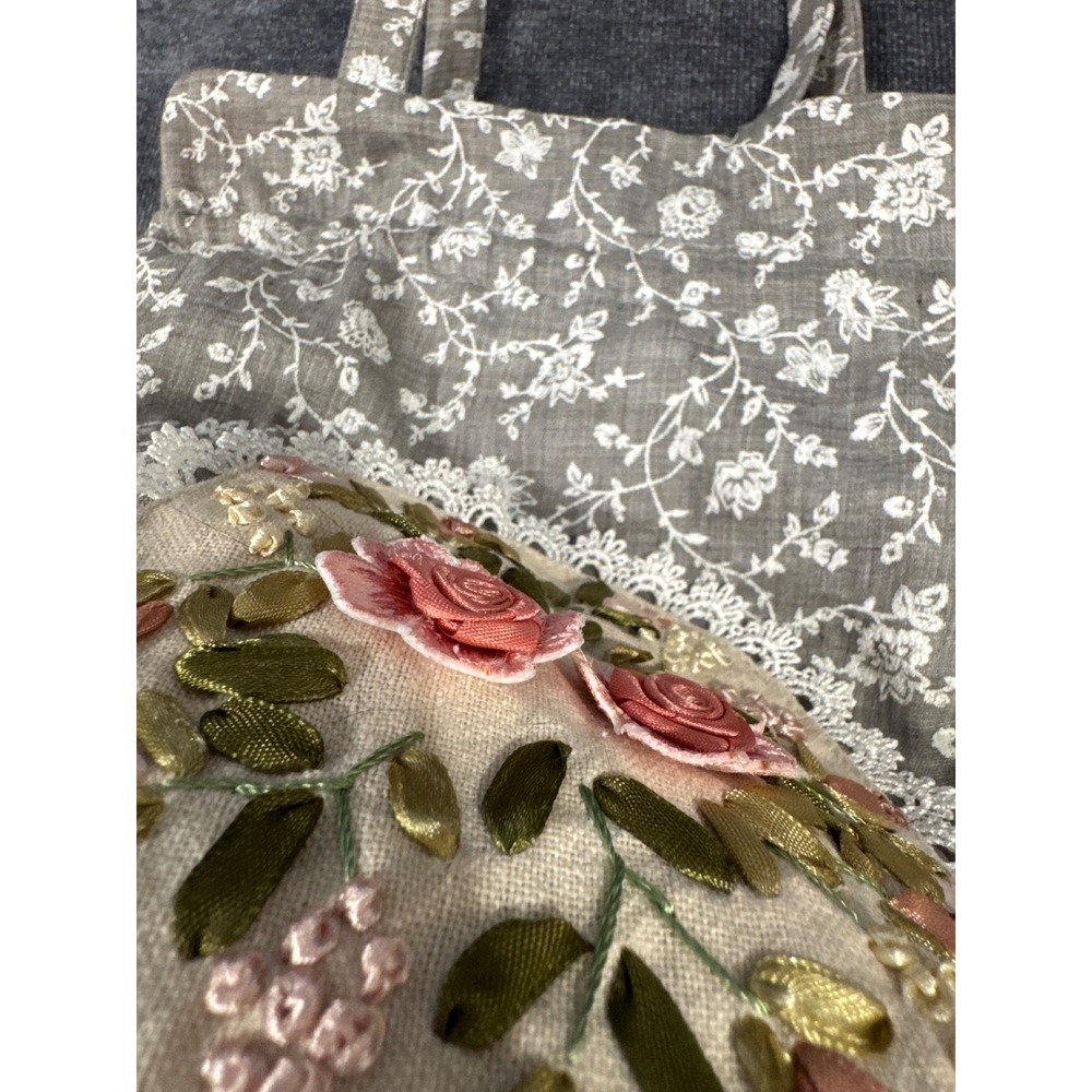 Hopeless Romantic Gray Floral Ribbon Embroidery Lace Drawstring Tote Bag Handbag - Picture 5 of 12